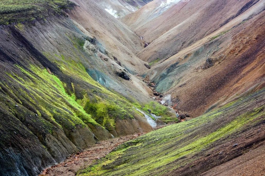 A v-shaped valley in Landmannalaugar rainbow mountains in Iceland