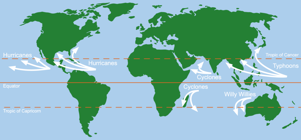 A world map showing the distribution of tropical storms