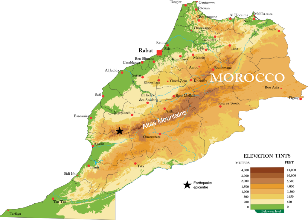 A map to show the epicentre of the Morocco Earthquake