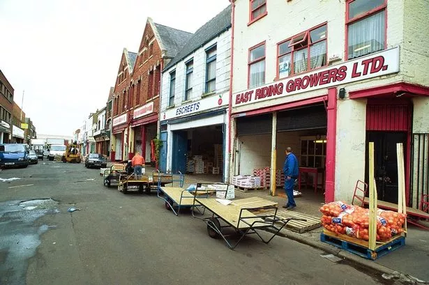 An image showing fruit traders on Humber Street. 