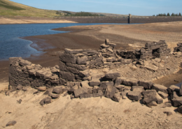 Buildings revealed by the low water levels in Scar House Reservoir, Yorkshire