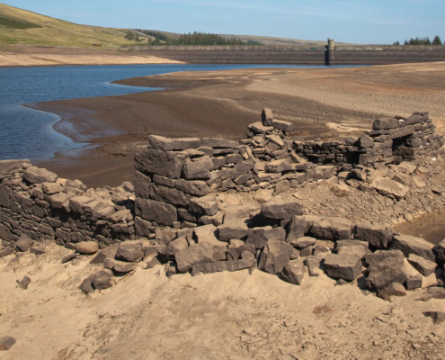 Buildings revealed by the low water levels in Scar House Reservoir, Yorkshire