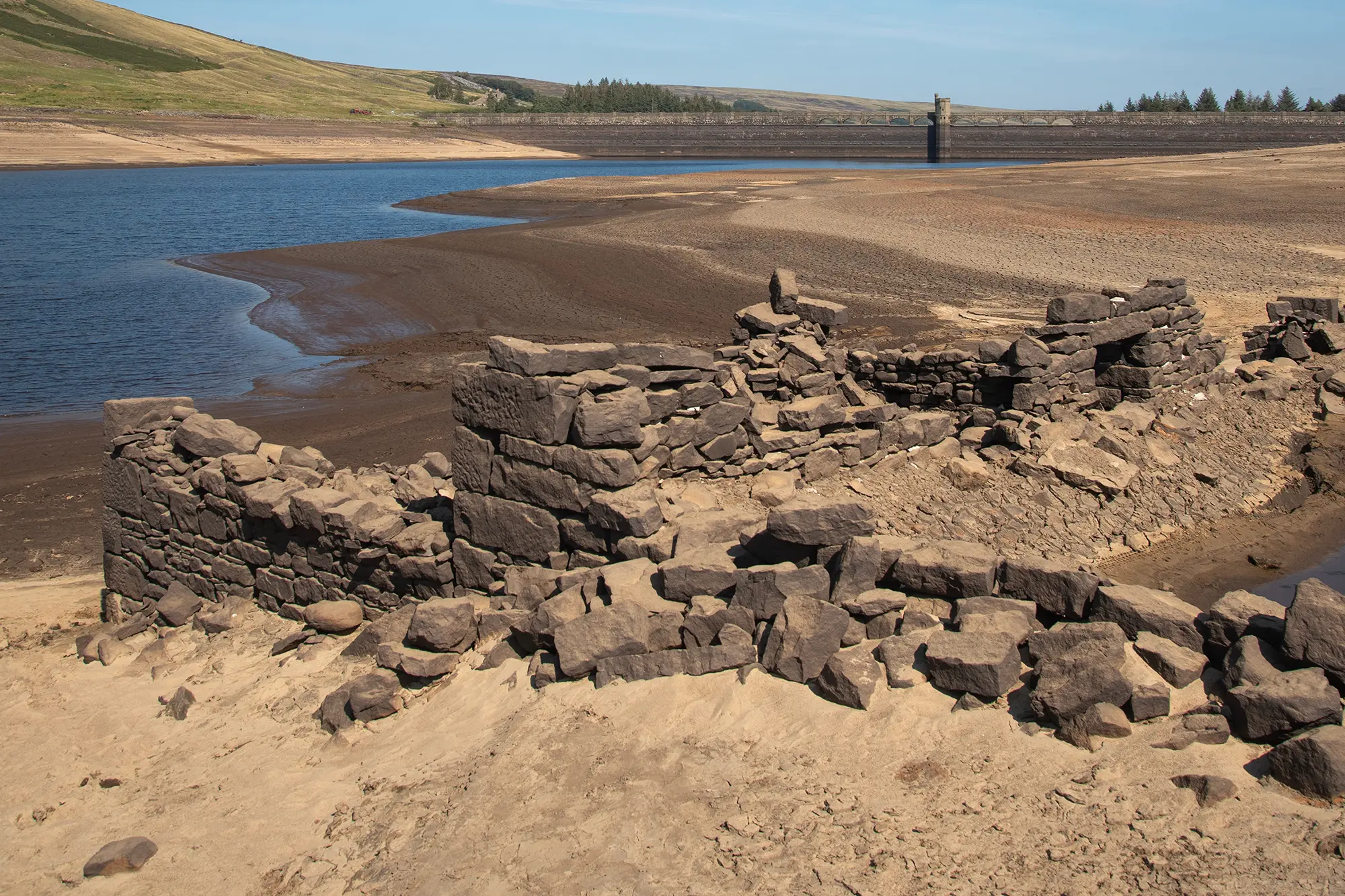 Buildings revealed by the low water levels in Scar House Reservoir, Yorkshire
