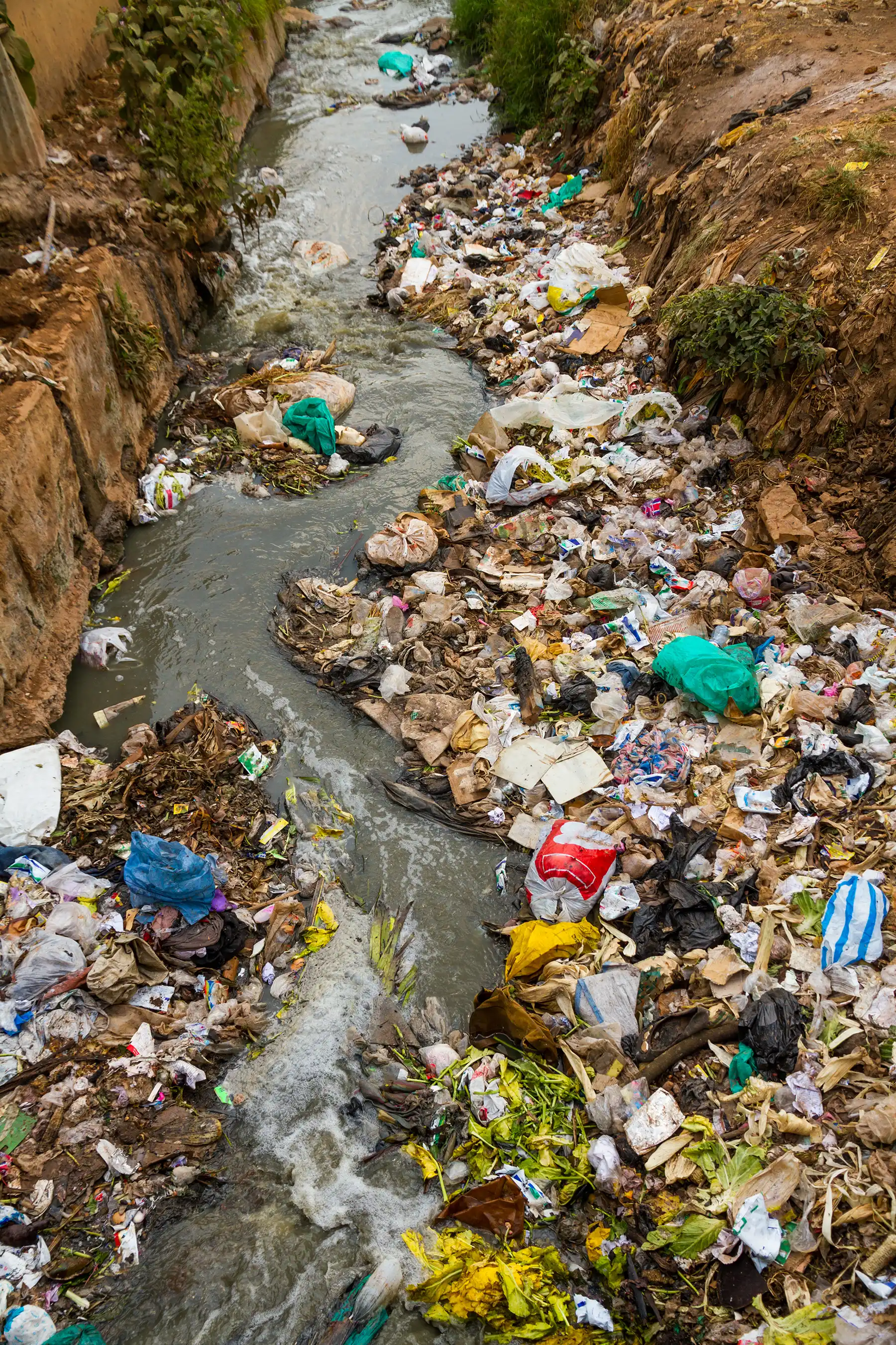 Plastic pollution in a tributary of the Nairobi River in Kibera, a district in Nairobi