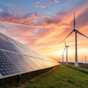 Renewable energy An image illustrating renewable energy including solar panels and wind turbines