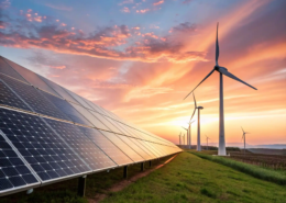 An image illustrating renewable energy including solar panels and wind turbines