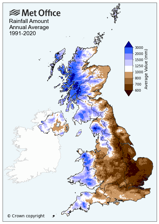 A choropleth map showing average yearly rainfall in the UK between 1991 and 2020 - source UK Met Office