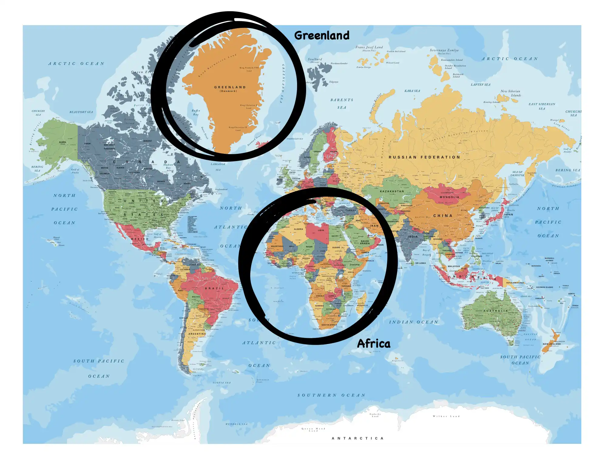 Mercator World Map - Greenland and Africa compared